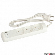 Удлинитель  3гн, 1,5м, б/з, белый, 10А/2,2кВт  ПВС 2х0,75 U-3-1,5m-USB-W 3 розетки + 3xUSB A+C ЭРА