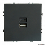 Розетка механизм 1п USB 2 гнезда черный уголь USB+Type C 250В, 20W RST10-5115-01  Эмили soft touch