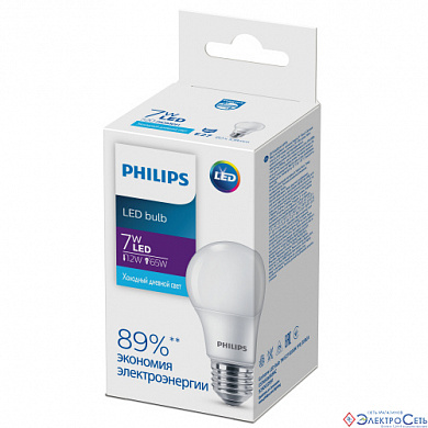 Лампа  E27  LED    7W  6500К  А60  FR  770Lm  220V  Bulb  Philips EcoHome 272682