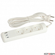 Удлинитель  3гн, 3м, б/з, белый, 10А/2,2кВт ПВС 2х0,75  U-3-3m-USB-W 3 розетки + 3xUSB A+C ЭРА