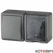 Блок комбинированный о/у серый горизонтальный с крышкой, выключатель 1кл + розетка с/з IP54 Эра