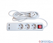 Удлинитель  3гн, 3м, с/з, белый, с выкл. 2-х USB, 10А/2,2кВт  ПВС 3х0,75 3GSU-3-SMART  8533 IN HOME