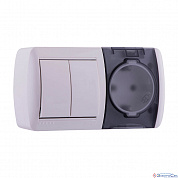 Блок комбинированный белый горизонтальный с крышкой, выключатель 2кл + розетка с/з IP20 NATA