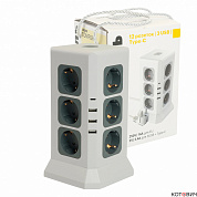 Удлинитель 12-местн с/з, 3x1мм2, 1.5 м,250В,16А, 3520Вт 3USB A + 1C 5V 3,4A,белый, серый, STEKKER