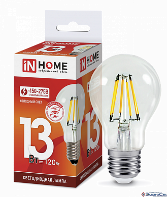 Лампа  E27  F-LED  Груша   13W  6500K  А60  CL 1170Lm  230V deco IN HOME