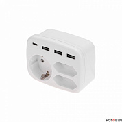 Тройник электрический 16А с/з + 2х2,5А + 3хUSB-A 2,4А + USB Type-C 3А, белый REXANT